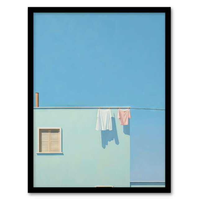 Washing Line Shadows Minimalist Soft Pastel Laundry Room Black Framed Wall Art Print A4
