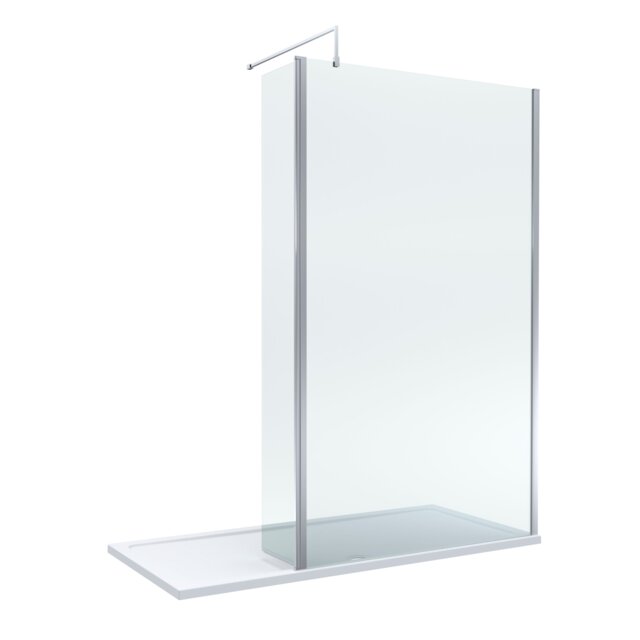 Balterley Glass Walk In Wetroom Screen and Hinged Return Screen with Profile and Shower Tray Silver Chrome