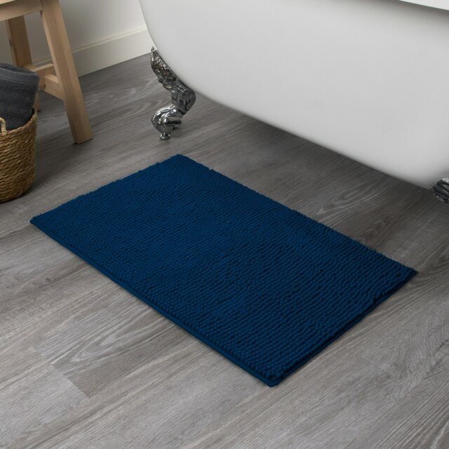 Brentfords Soft Microfibre Non-Slip Absorbent Noodle Chenille Bath Runner Mat Blue Navy Blue 45 x 75cm