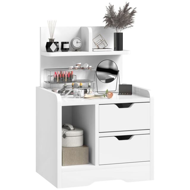 HOMCOM Modern Bedside Table with 2 Drawers and Open Shelves for Bedroom White High gloss