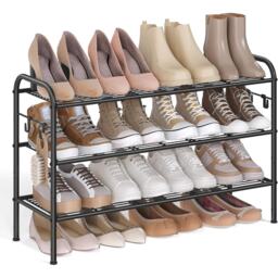 Shoe Rack, 3-Tier Metal Shelf with Hooks, Adjustable Shoe Organizer for Entryway, Closet, or Hallway, Ink Black