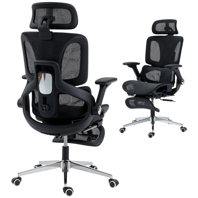 HOMCOM Ergonomic Office Chair, High Back Mesh Desk Chair with Reclining Separated Backrest, Lumbar Support, 4D Flip-up Armrests, Adjustable Headrest, Tilt Function, Footrest for Home Office, Black Black