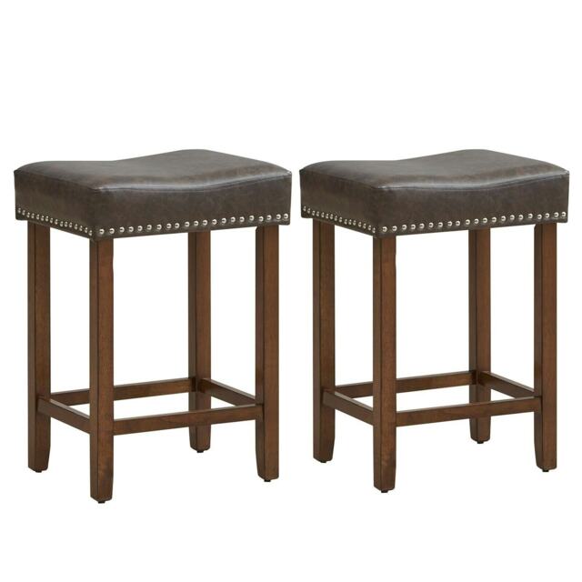 COSTWAY Set of 2 Bar Stools Saddle Stools PU Leather 60cm Grey Grey