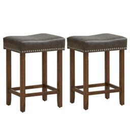 COSTWAY Set of 2 Bar Stools Saddle Stools PU Leather 60cm Grey Grey