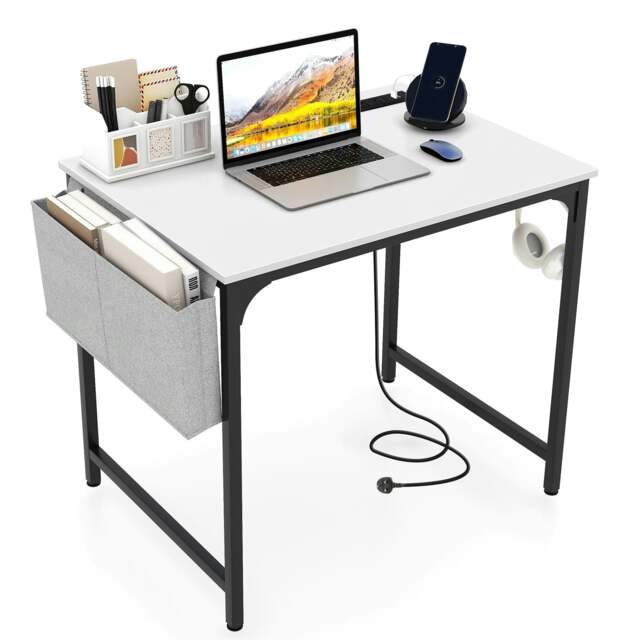 COSTWAY Computer Desk Office Desk w/ Charging Station White White