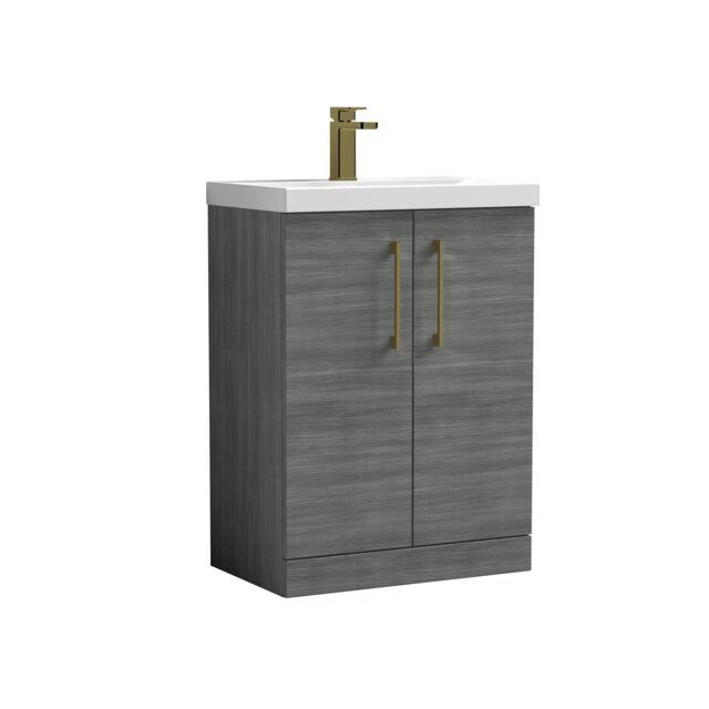 Balterley Level Contemporary Bathroom Floor Standing 2-Door Vanity Unit & Mid-Edge Basin, Square Handle Grey 840 x 610 x 390mm