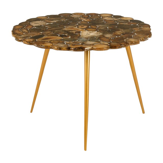 Modern Low Side Table With Agate Stone Top, Distinctive Petrified Wood Top Modern Side Table For Livingroom Cream