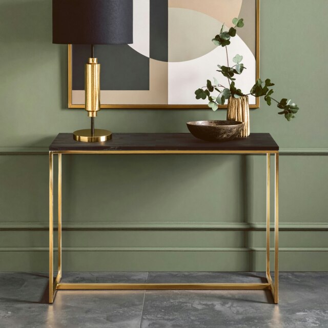 Organic Dark Petrified Wood Console Table, Sturdy Console Table, Versatile Design Modern Console Table Gold
