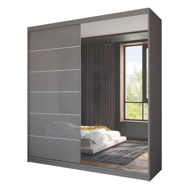Sliding Wardrobes 4u High Gloss Sliding Door Wardrobe with Full Mirror - 150cm 180cm and 203cm Grey Grey 180cm