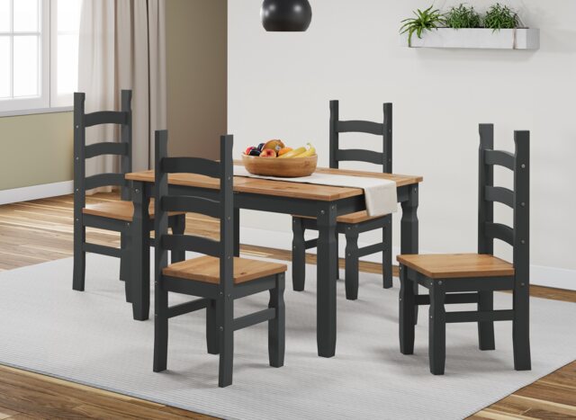 Mercers Furniture Corona Charcoal Small Extending Dining Table & 4 Chairs Set Solid Wood Mexican Pine Wooden Extendable Kitchen Dark grey