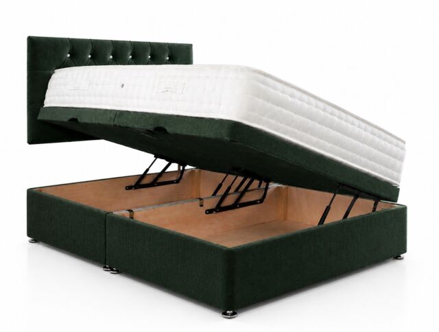 Side Lift 2ft6 Small Single Green Plush Ottoman Bed With Headboard and Mattress