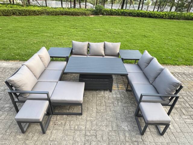 Fimous Aluminum Outdoor Patio Furniture Set Modern Patio Conversation Sets with Adjustable Rising Lifting Dining Table 3 Footstools 2 Side Tables Dark Grey