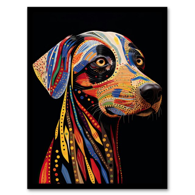 Tribal Patterned Dog Colourful Pet Portrait Black Framed Wall Art Print A4