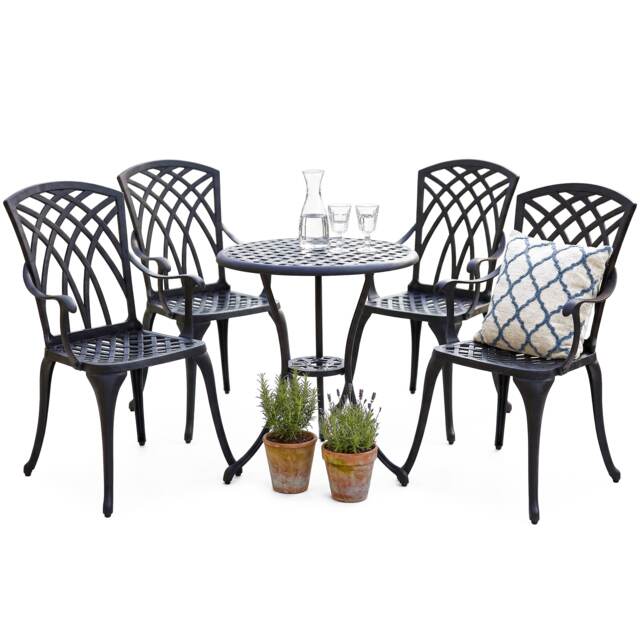 Centurion Supports OSHOWA Garden and Patio Table and 4 Large Chairs with Armrests Cast Aluminium Bistro Set - Black