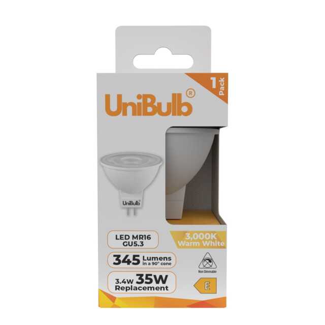 UniBulb LED MR16 GU5.3 345lm 3.4W (Replaces 35W) 3000K (Warm White) Spot Downlight Ceiling Light Bulb - Pack of 1 White Warm White 1