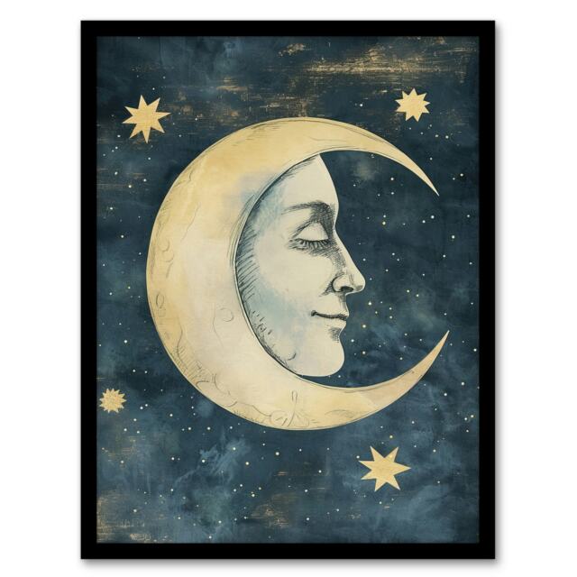 Man Moon Stars Drawing Vintage Peaceful Kids Black Framed Wall Art Print A4