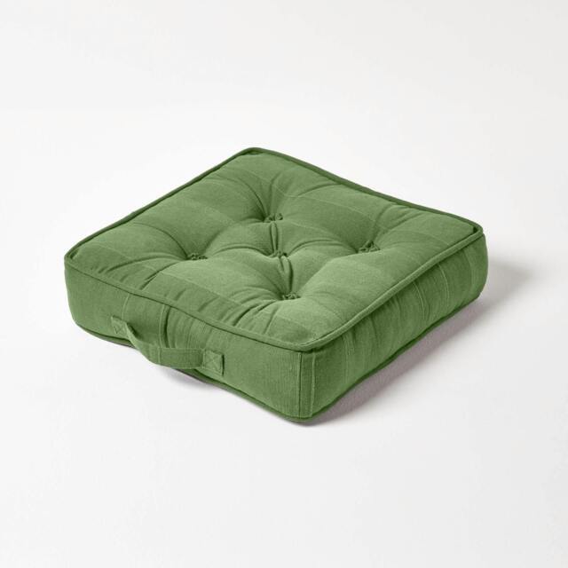 Homescapes Rajput Ribbed Cotton Floor Cushion Dark Olive Green Dark Olive 40 x 40 cm