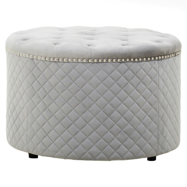 Orsina Round Grey Velvet Ottoman, Plush Tufted Footstool with Soft Grey Velvet Top, Round Upholstered Pouffe