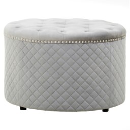 Orsina Round Grey Velvet Ottoman, Plush Tufted Footstool with Soft Grey Velvet Top, Round Upholstered Pouffe