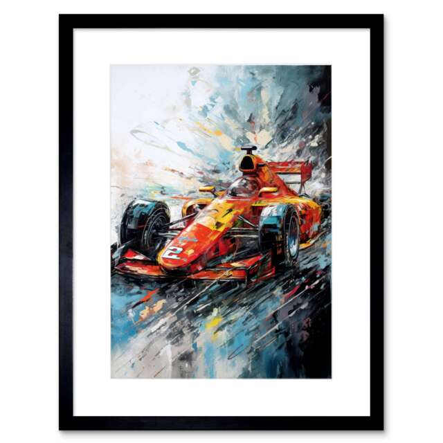 "Orange Race Car Motorsport Action Shot 9x7"" Black Framed Wall Art Print"