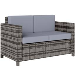 Outsunny Rattan Sofa, 2 Seater Garden Furniture with Soft Padded Cushion and Armrests, Wicker Garden Loveseat for Patio, Mixed Grey Grey Two Seater