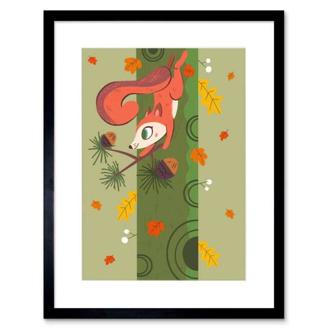 "Red Squirrel Acorn Tree Cartoon Kids Bedroom 9x7"" Black Framed Wall Art Print"
