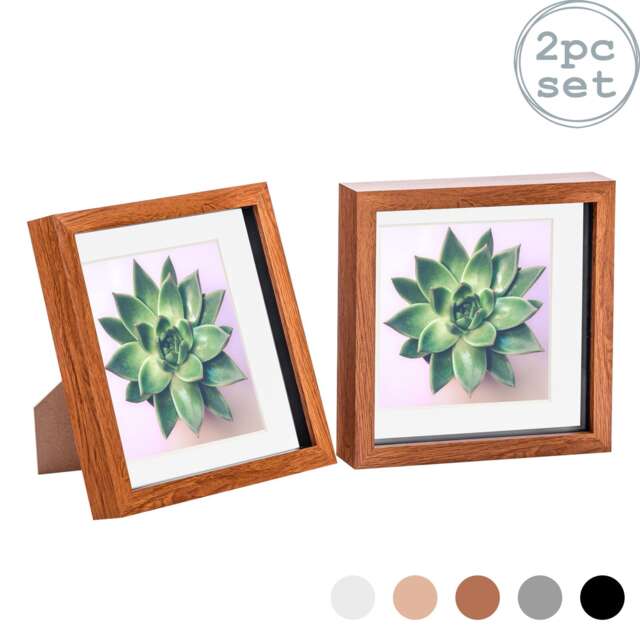 "Nicola Spring 8 x 8"" Photo Frames - Dark Wood/White Mount - 3D Picture Frame Box Portrait Display Case (22.5 x 22.5cm) Set of 2"