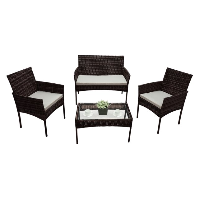Alivio 4 Piece Rattan Sofa Set Patio Furniture with Coffee Table Weather Resistant UV Protected Cushions for Indoor Outdoor Use Brown 1