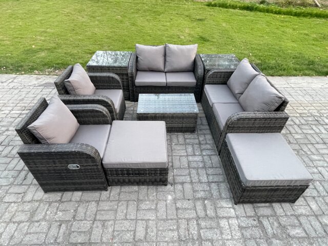 Fimous High Back Rattan Garden Furniture Set with Loveseat Sofa Rectangular Coffee Table 2 Side Tables 2 Big Footstool Indoor Outdoor Patio Lounge Sofa Set Dark Grey Mixed