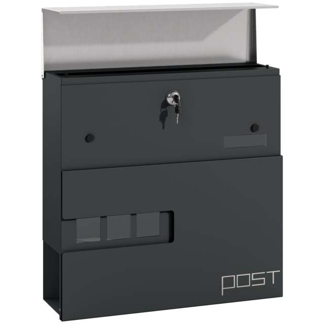 HOMCOM Wall Mounted Post Box with Viewing Window, 2 Lock, Modern Galvanised Steel Mailbox with Copper Core, Weatherproof Letterbox for Outdoor Use, Easy to Install, Charcoal Grey Grey