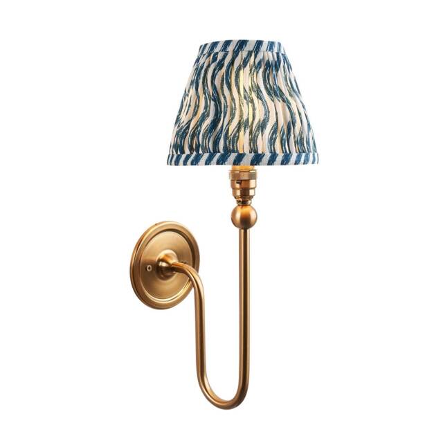 Santiago Brushed Aged Brass Plate Wall Light with Marlin Blue Fabric Ripple Shade 16cm B22