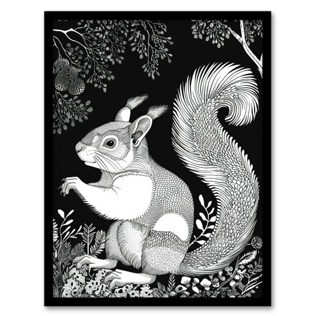 Trees Black White Drawing Living Room Squirrel Black Framed Wall Art Print A4