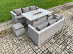 Fimous Garden Dining Sets Outdoor PE Rattan Furniture Gas Fire Pit Dining Table Gas Heater with 2 Small Footstool Light Grey