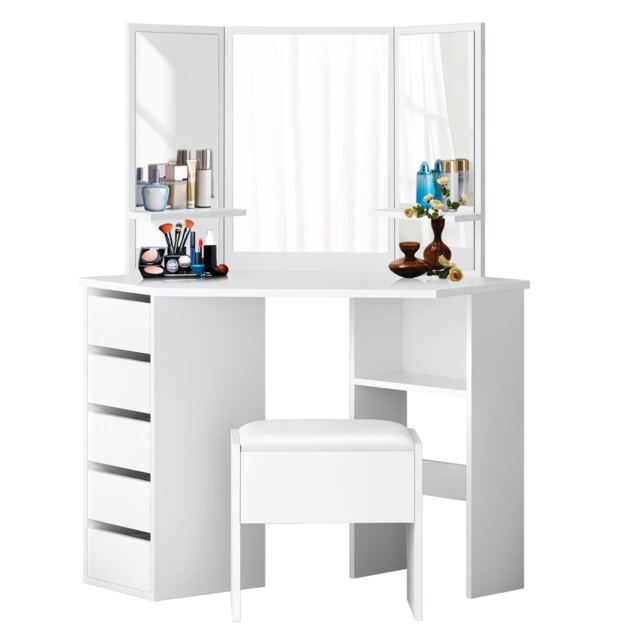 Corner Dressing Table with Mirrors and Stool Makeup Vanity Mirror Hollywood Table