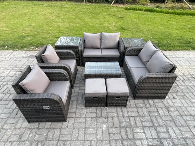Fimous 8 Seater Rattan Garden Furniture Set Patio Outdoor Lounge Sofa Set with Rectangular Coffee Table 2 Small Footstools Love Sofa 2 Side Tables Dark Grey Mixed