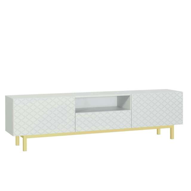 White TV Unit 180cm Diamond Fronts Gold Legs Modern Media Cabinet White One Size 1