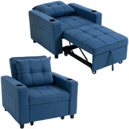 HOMCOM 3-in-1 Single Sofa Bed, Convertible Sleeper Chair with Adjustable Backrest, Fabric Pull Out Chair Bed with Pillow, Side Pockets and Cup Holders for Living Room, Bedroom, Dark Blue Blue