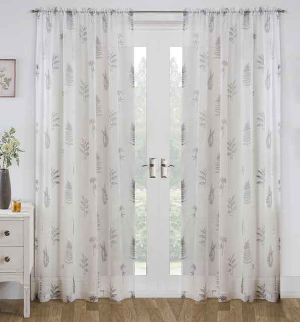 "Bracken Grey Leaf Print Linen-Look Voile Panel - Pair 140 x 137 cm (55x54"")"
