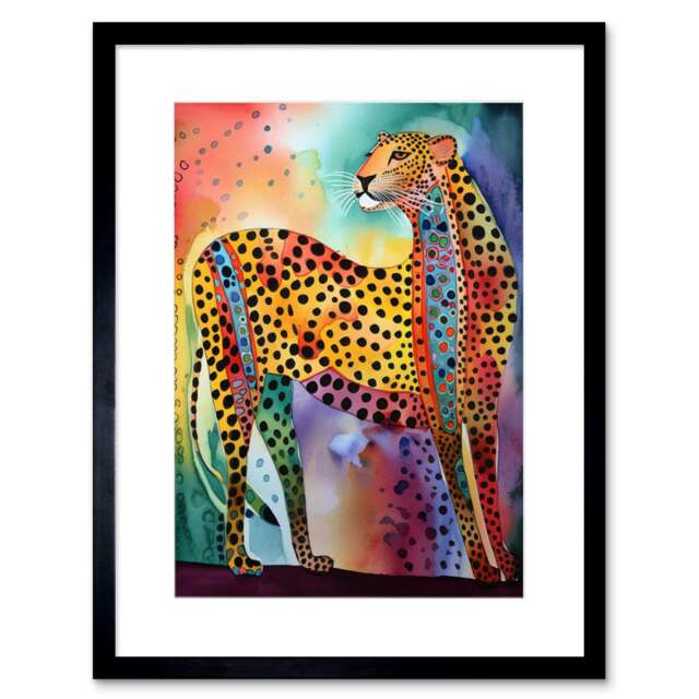 "Colourful Cheetah Folk Art Watercolour Painting 9x7"" Black Framed Wall Art Print"