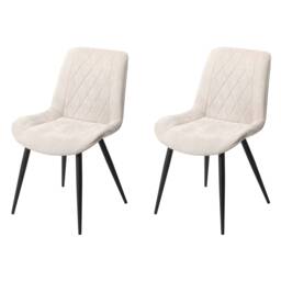 Pair of Aspen Cord Fabric Diamond Stitch Dining Chairs with Curved Seat and Black Tapered Metal Legs Silver Natural 1