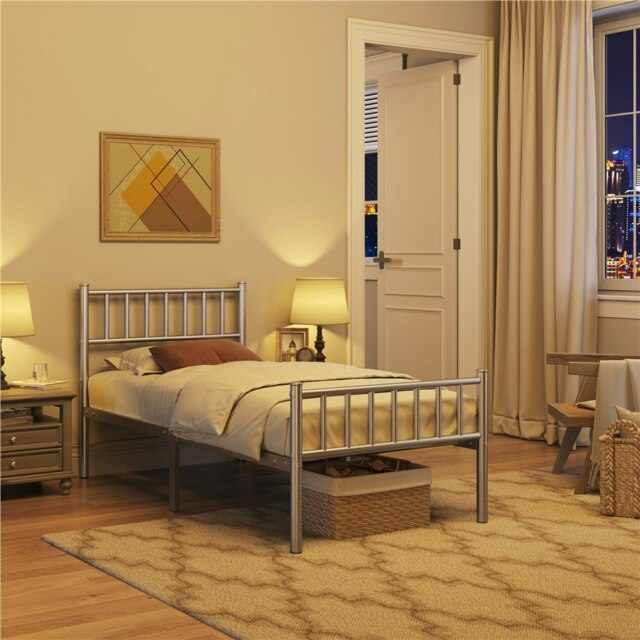 Yaheetech 3ft Single Metal Bed Frame with Slatted Headboard Silver
