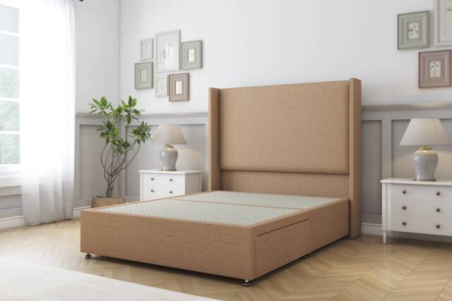Sloomy Devonshire Latte Dumfries Divan Bed Base No Drawers With 54 Inch Wingback Headboard Brown Latte Small Single 1