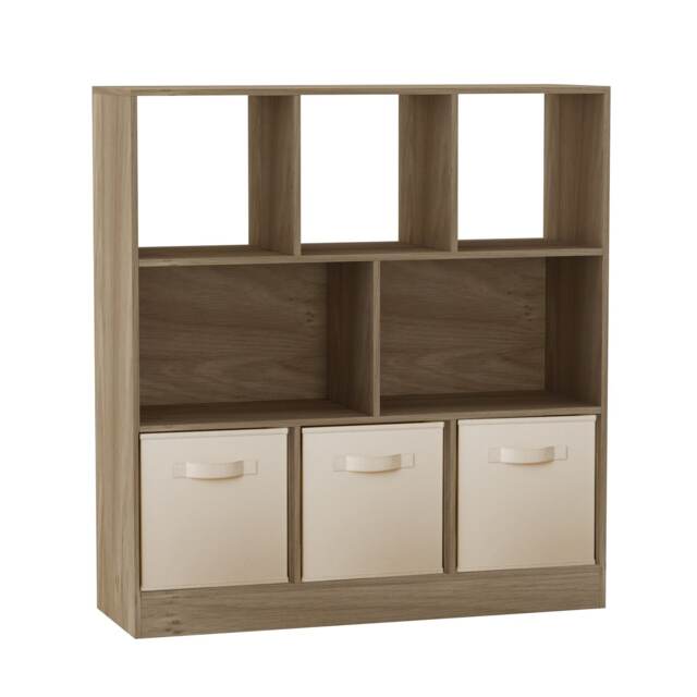 Asymmetrical 8 Oak Cube Bookcase Shelf Storage Unit with 3 Fabric Drawer Inserts Multi Oak & Cream Drawer 1