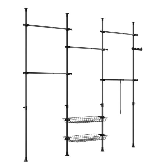 "SoBuy Telescopic Floor Clothes Stand with Rods and Shelves, Black, 24.4–44.5"" W × 33.5"" D × 78.7–116.1"" H, 6.2 kg - KLS04-II-SCH"