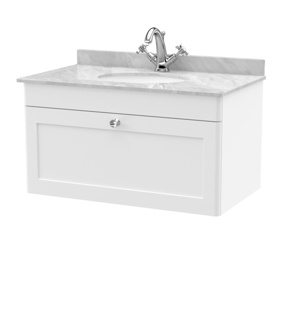 Balterley Swynnerton Traditional 1 Drawer Wall Hung Vanity Unit with Marble Basin, Satin White, 800mm