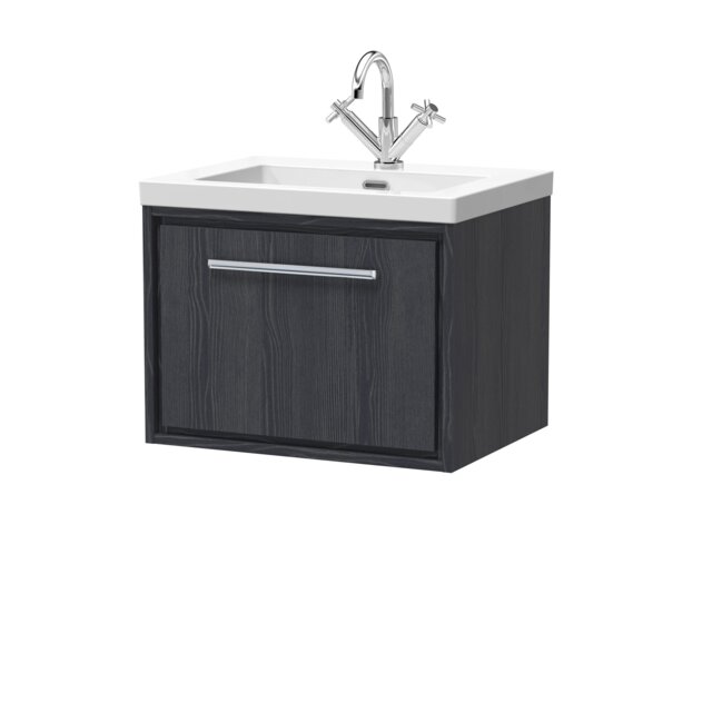 Balterley Longnor 1 Drawer Wall Hung Vanity Unit with 1 Tap Hole Modern Fireclay Basin, Woodgrain Graphite Grey, 600mm