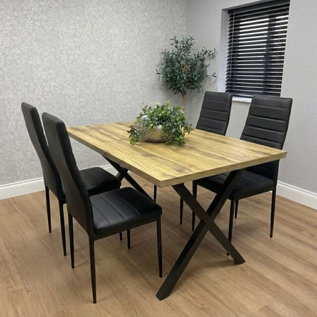 Brown Wooden Dining Table with 4 Black Faux Leather Chairs - Dining Kitchen Room Furniture