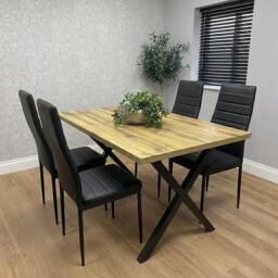 Brown Wooden Dining Table with 4 Black Faux Leather Chairs - Dining Kitchen Room Furniture