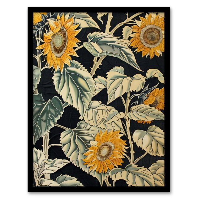 Sunflowers Leafy Stalks Floral Living Room Black Framed Wall Art Print A4