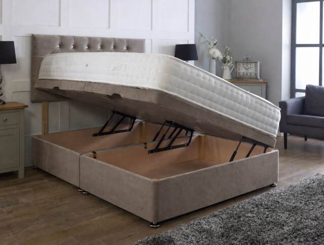 Side Lift 4ft Small Double Beige Plush Ottoman Bed With Headboard and Mattress